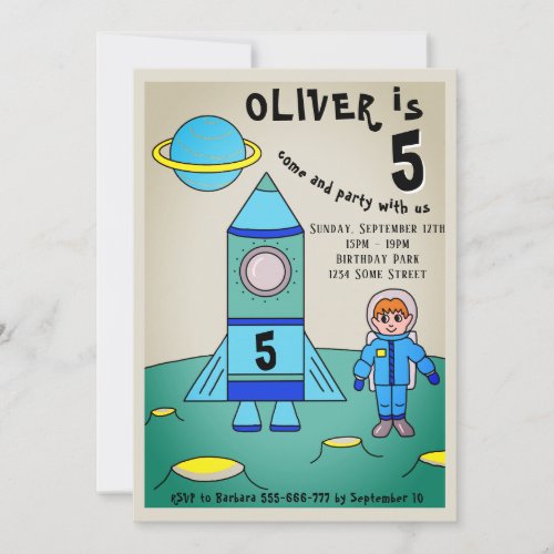 Astronaut on Moon Rocket Kids Birthday Party Invitation