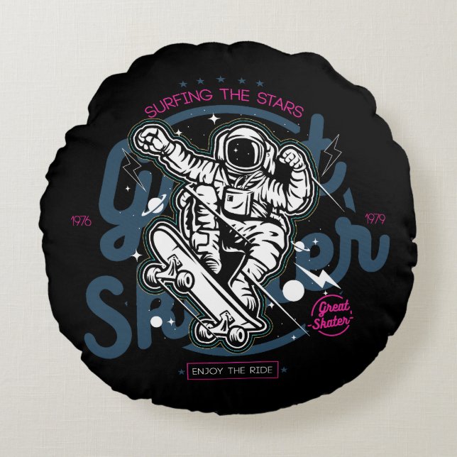 Astronaut on Skateboard | Surfing the Stars Round Pillow (Front)