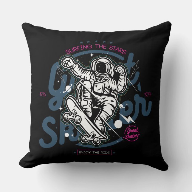 Astronaut on Skateboard | Surfing the Stars Throw Pillow (Front)