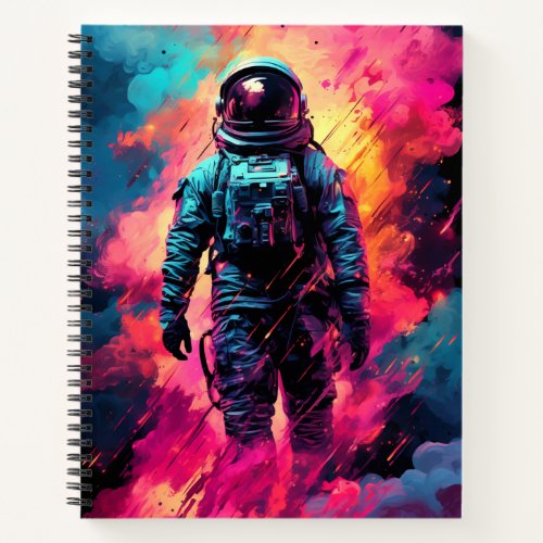 Astronaut on the background of colorful smoke notebook