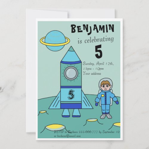 Astronaut on the Moon Kids Birthday Party Invitation - A personalizable birthday invitation card perfect for your kids birthday party celebration! This invitation has an astronaut and his rocket on the Moon or any planet. The boy in a blue astronaut suit and his blue rocket with the age number on it. The boy astronaut makes this great as a party invite for a boy's birthday and his friends.