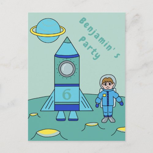 Astronaut on the Moon Space Birthday Party Invite - A space invitation postcard for a kids birthday party celebration. A costumizable and personalizable birthday invite card. All data are written on the back side of the postcard. This invitation has an astronaut and his rocket ship on the Moon or any planet. The boy in a blue astronaut suit and his blue rocket with the age number on it are in the space. The boy astronaut makes this great as a party invite for a boy's birthday and his friends.