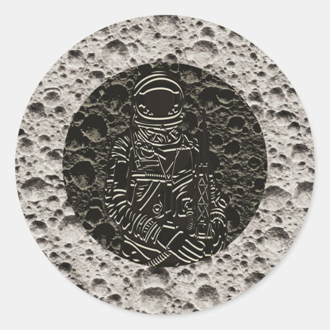 Astronaut on the Moon Space Black & Grey Classic Round Sticker (Front)