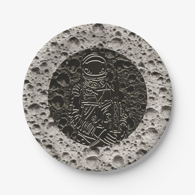 Astronaut on the Moon Space Black & Grey Paper Plates (Front)