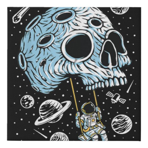 Astronaut Outer Space Art Drawing Skull Moon Galax Faux Canvas Print