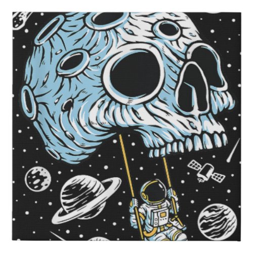 Astronaut Outer Space Art Drawing Skull Moon Galax Faux Canvas Print