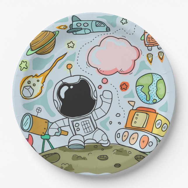 Astronaut Outer Space Birthday Party Theme Paper Plates (Front)