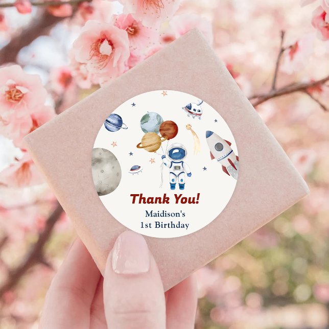Astronaut Outer Space Birthday Thank You Classic Round Sticker (Creator Uploaded)