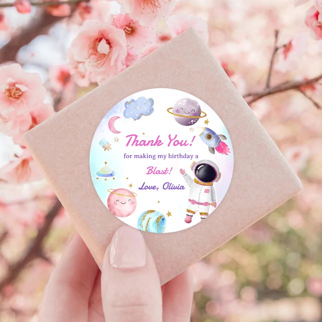 Astronaut Outer Space Birthday Thank You Classic Round Sticker (Creator Uploaded)