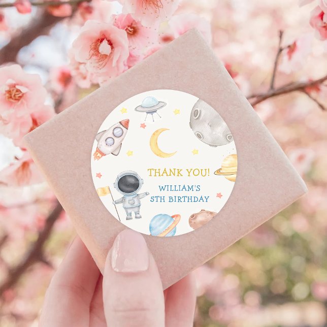Astronaut Outer Space Birthday Thank You Classic Round Sticker (Creator Uploaded)