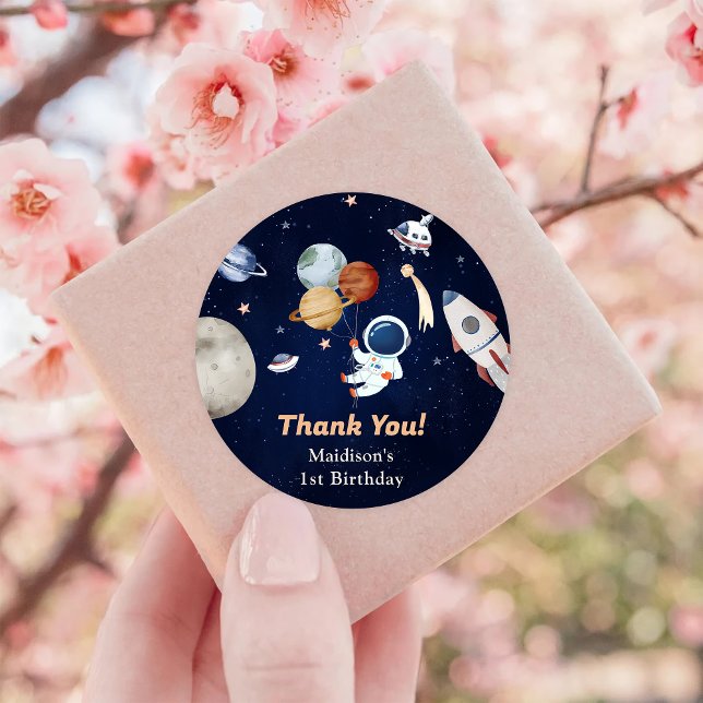 Astronaut Outer Space Birthday Thank You Classic Round Sticker (Creator Uploaded)