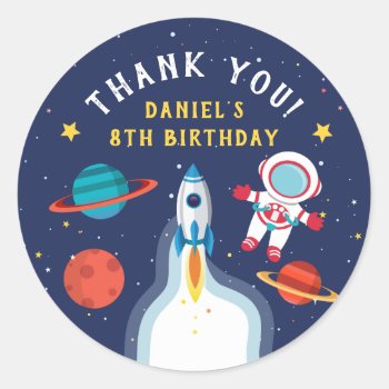 Astronaut Outer Space Birthday Thank You Classic Round Sticker by PollyFunDesign at Zazzle