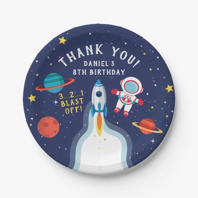 Astronaut Outer Space Birthday Thank You Paper Plates (Front)