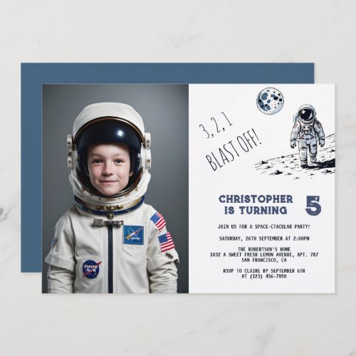 Astronaut Outer Space Blast Off Boy Birthday Photo Invitation