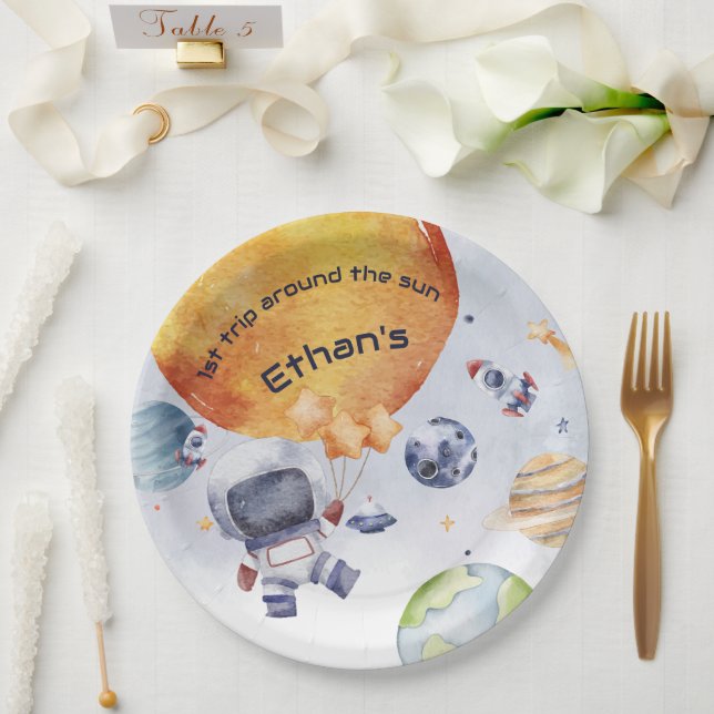 Astronaut Outer Space Boy 1st Birthday Party Paper Plates (Wedding)