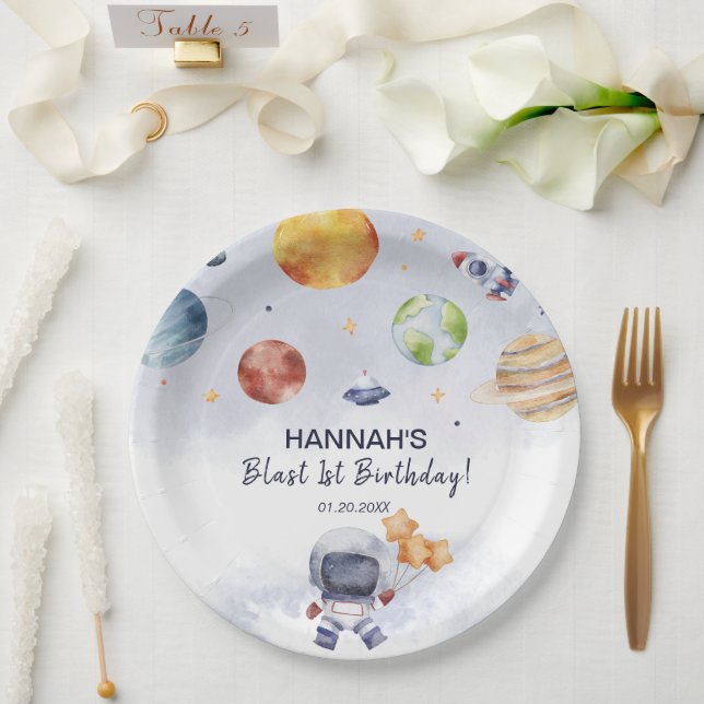 Astronaut Outer Space Boy 1st Birthday Party Paper Plates (Wedding)
