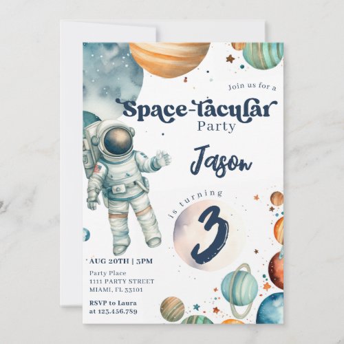 Astronaut Outer Space Boy Blue Planets Birthday Invitation