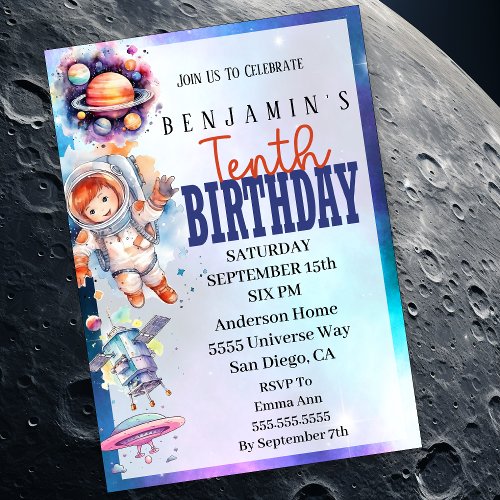 Astronaut Outer Space Boys 10th Birthday Invitation