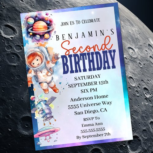 Astronaut Outer Space Boys 2nd Birthday Invitation