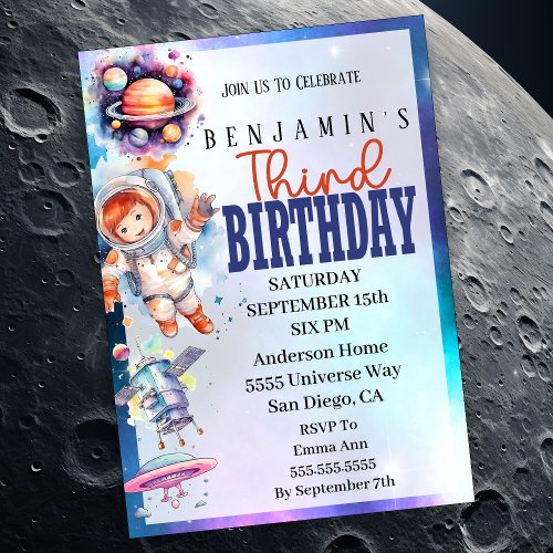 Astronaut Outer Space Boys 3rd Birthday Invitation