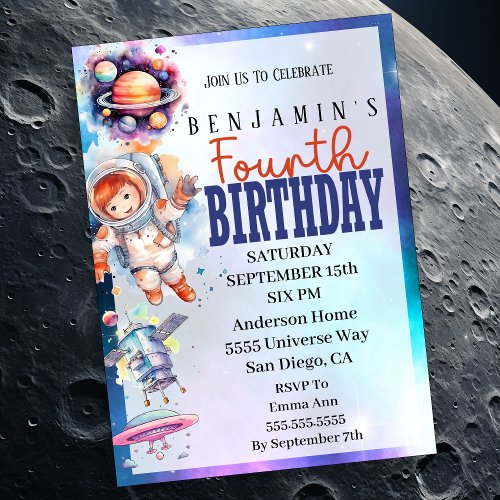 Astronaut Outer Space Boys 4th Birthday Invitation