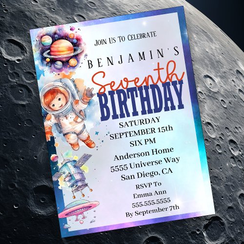 Astronaut Outer Space Boys 7th Birthday Invitation