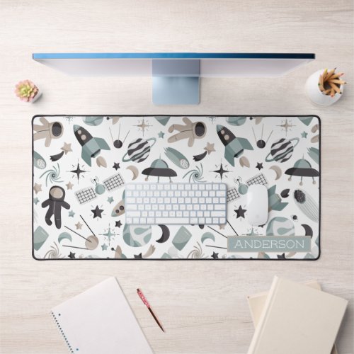 Astronaut Outer Space Explorers Cool Blue Pattern Desk Mat