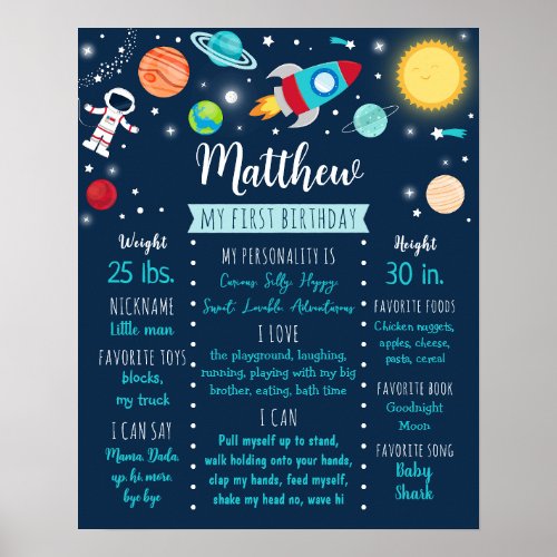 Astronaut Outer Space First Birthday Milestone Poster