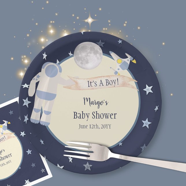 Astronaut Outer Space It's A Boy Baby Shower Paper Plates (Creator Uploaded)