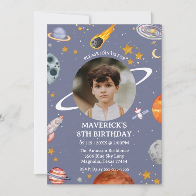 Astronaut Outer Space Kids Photo Birthday Invitation (Front)