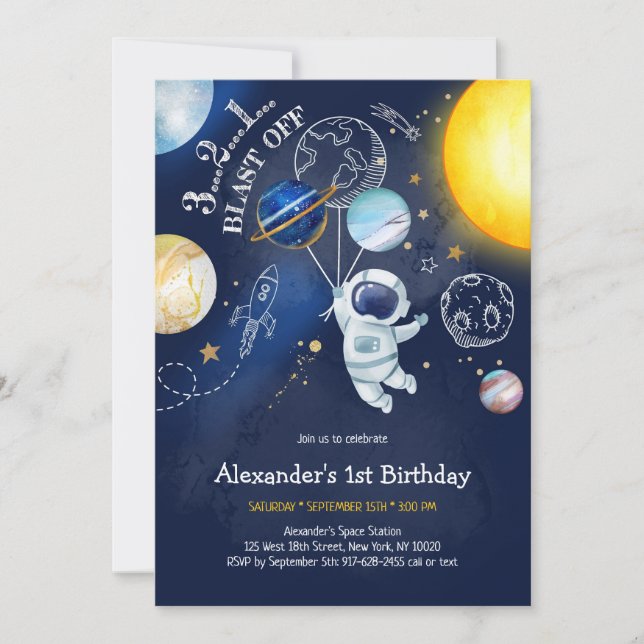 Astronaut Outer Space Planet Galaxy Birthday Invitation (Front)