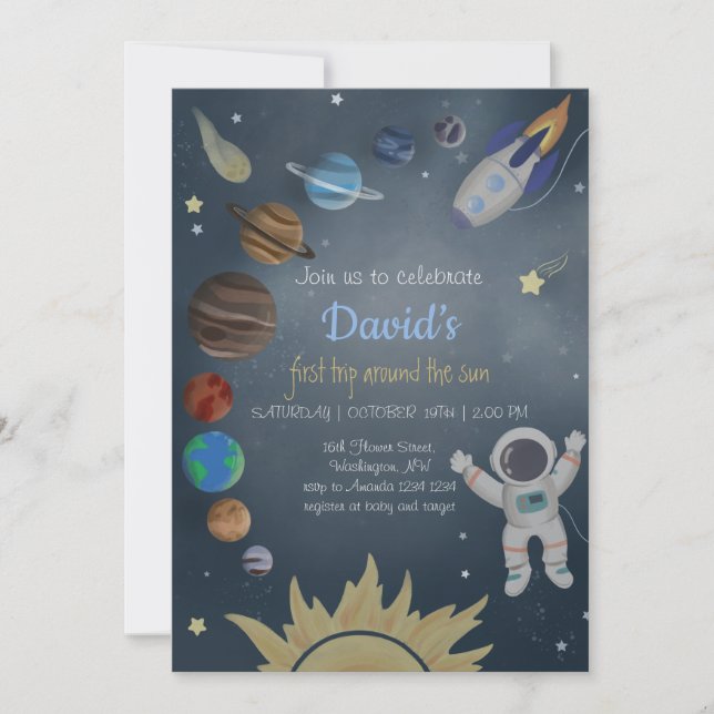Astronaut Outer Space Planets Birthday Invitation  (Front)