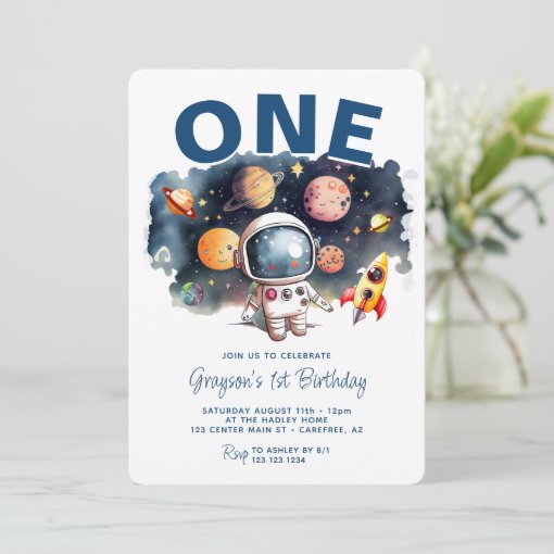 Astronaut Outer Space Planets Boy 1st Birthday Invitation | Zazzle