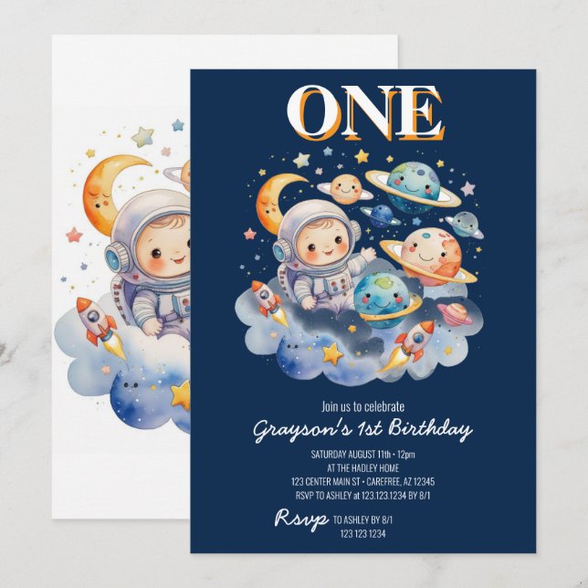 Astronaut Outer Space Planets Boy 1st Birthday Invitation (Front/Back)