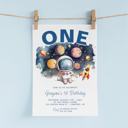 Astronaut Outer Space Planets Boy 1st Birthday Invitation