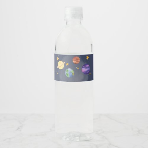 Astronaut Outer Space Planets Watercolor Birthday Water Bottle Label