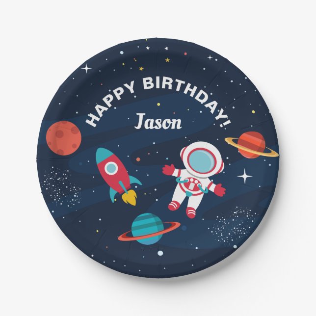 Astronaut Outer Space Rocket Ship Birthday Paper Plates (Front)
