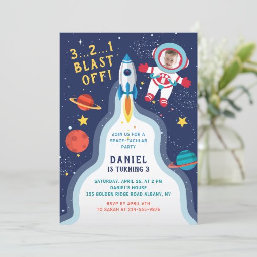 Astronaut Outer Space Rocket Ship Birthday Photo Invitation | Zazzle