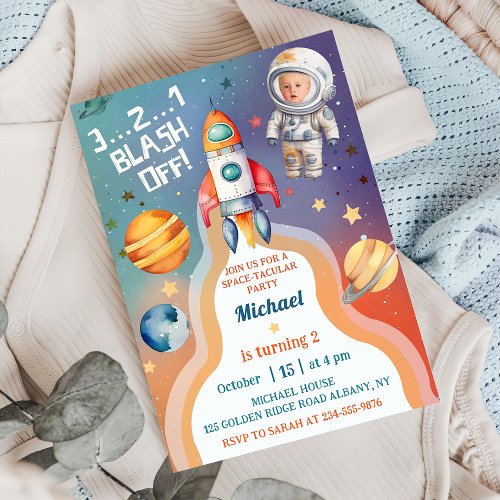 Astronaut Outer Space Rocket Ship Birthday Photo  Invitation