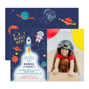 Astronaut Outer Space Rocket Ship Birthday Photo Invitation