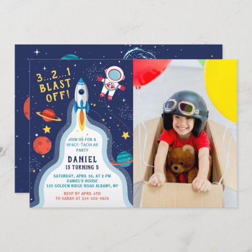 Astronaut Outer Space Rocket Ship Birthday Photo Invitation