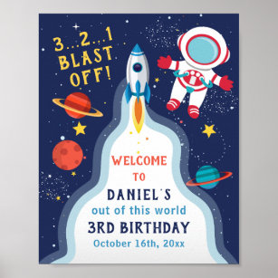 Astronaut Outer Space Rocket Ship Birthday Welcome Poster