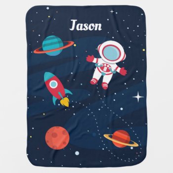 Astronaut Outer Space Rocket Ship Personalized Baby Blanket by PollyFunDesign at Zazzle