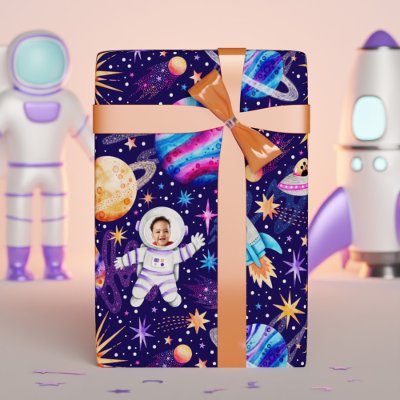 Astronaut Outer Space Rockets &amp; Planets Photo Wrapping Paper
