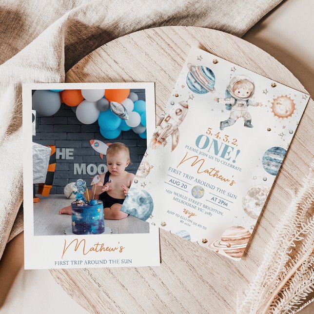 Astronaut Photo First Trip Around Sun Birthday Invitation (First Trip Around the Sun Birthday Invitation Baby Boy with Photo on the Back, Cute Astronaut Space)