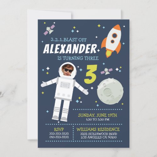 Astronaut Photo Rocket Outer Space Kids Birthday Invitation