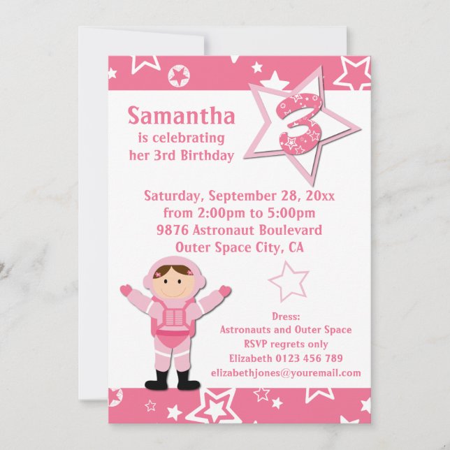 Astronaut Pink Stars 3rd Birthday Party Invitation (Front)