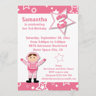 Astronaut Pink Stars 3rd Birthday Party Invitation