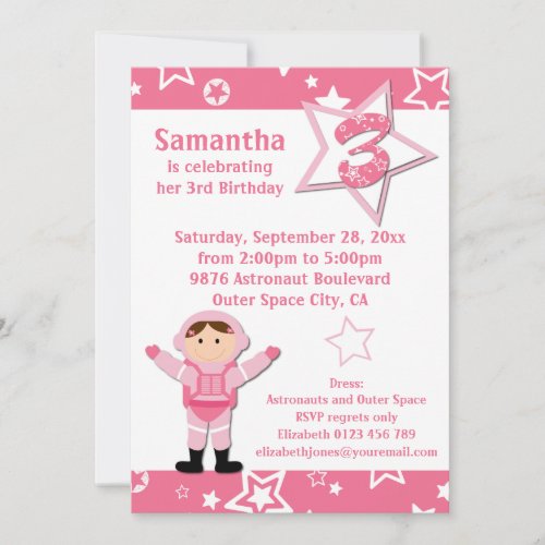 Astronaut Pink Stars 3rd Birthday Party Invitation