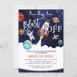 Astronaut Planet Rocket Outer Space 1st Birthday Invitation